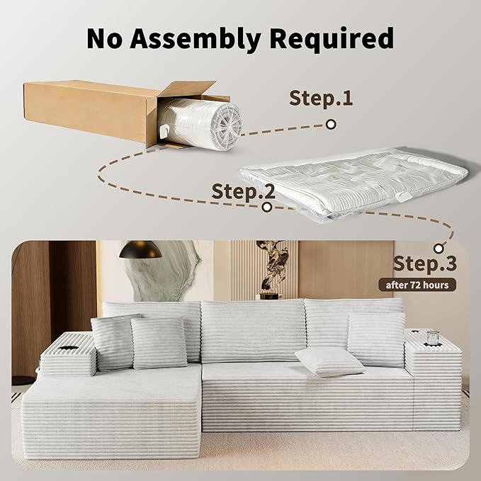 Cibert 104.3" Modular Sectional Sofa with Ottoman, Beige Boneless Couch Left Facing Chaise U Shaped Couches with USB Ports, 2 Cup Holders, 2 Storage Bags & Lint Remover, No Assembly Sectional Couch