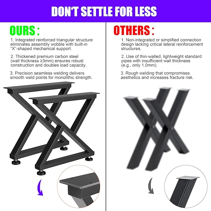 KOSEOO Heavy Duty Metal Table Legs 28 x 28 inch, Industrial Desk Legs with Adjustable Feet, 1200lbs Capacity, Sturdy X-Frame No Wobble Design for Office Desk, Kitchen Table Base, DIY-Set of 2, Black