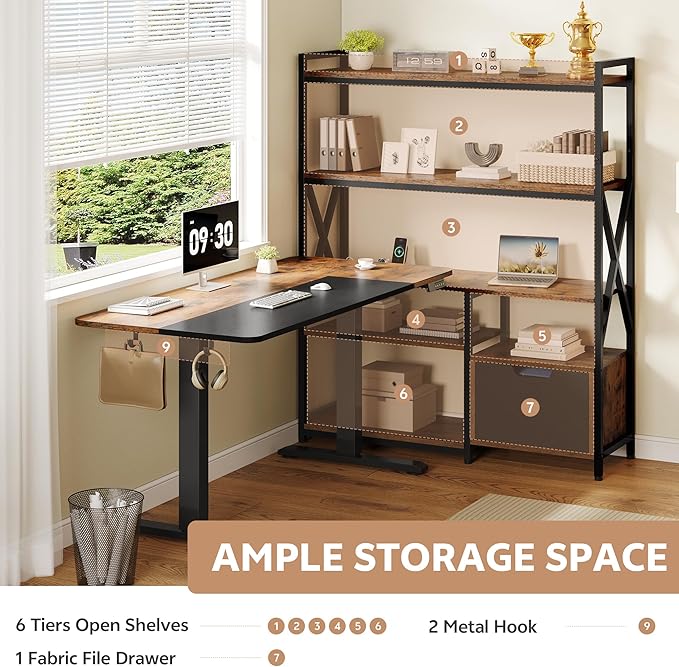 77.8 Inches L Shaped Standing Desk Corner Desk with Hutch Electric Height Adjustable Desk with Storage Shelves File Drawer Power Outlets Reversible Computer Gaming Desk for Home Office Brown