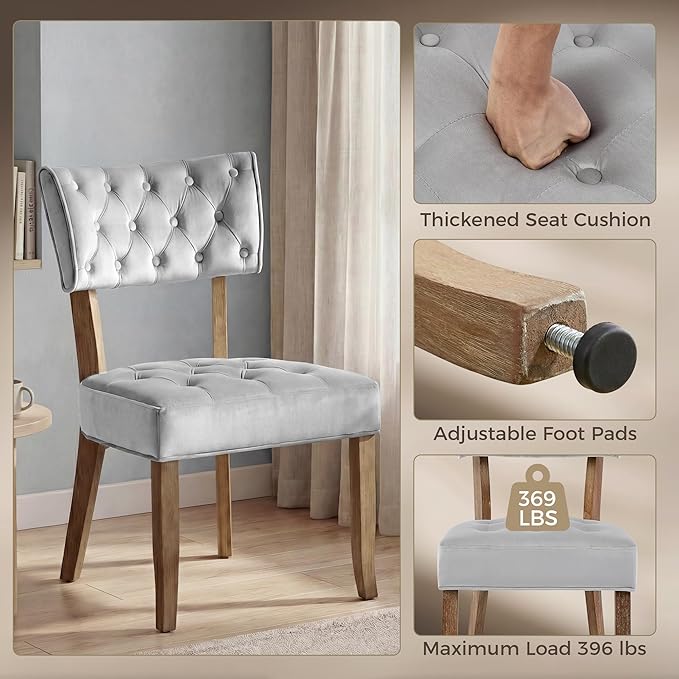 UVV Upholstered Dining Chairs Set of 2, Mid Century Modern Tufted Kitchen Chairs Dining Room Chairs, Velvet Dinner Chair with Wood Legs for Dining Room Kitchen, Light Grey