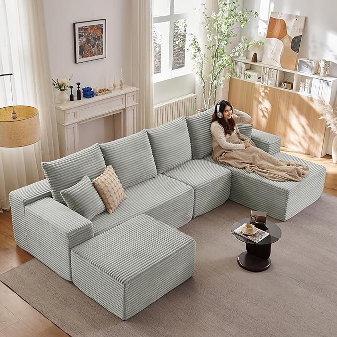 135.4" Cloud Sectional Couch with Ottoman,Modern U-Shaped Cloud Couch with Deep Seat,Comfy Corduroy 4-Seater Sofa,Memory Foam Sofa for Living Room,No Assembly (Gray,Right-Facing Chaise)