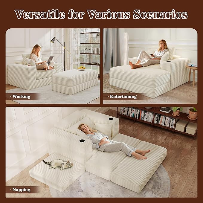 52" Boneless Chaise Lounge Chair Indoor — Oversized Cloud-Like Cozy Comfy Modular 3-in-1 Sofa Bed for Reading, Living Room & Bedroom Corduroy Couch Sleeper, Beige