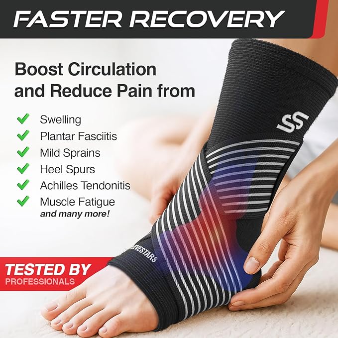 Sleeve Stars Ankle Brace for Women & Men, Ankle Wrap for Sprained Ankle, Compression Sleeve for Plantar Fasciitis Relief, Easy Customizable Support: w/Removable Strap (Pair/M:10"-12"/Black)