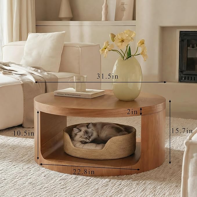 Veihaus Round Coffee Table with Storage, 31.5" Modern Living Room Table, 2 Tier Circle Wood Center Tables for Apartment, Living Room, Open-Style Storage Coffee Tables, 31.5"*15.7" (Nature Wood)