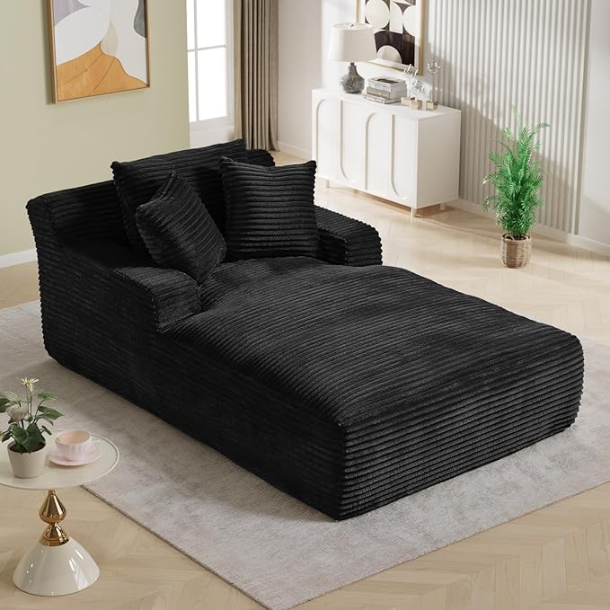 50"W x 76"D Oversized Chaise Lounge Chair Indoor Boneless Reading Chair Plush Corduroy Recliner Large Deep Seat Upholstered Sleeper Comfy Sofa Bed Couch with 3 Pillows for Living Room Bedroom, Black