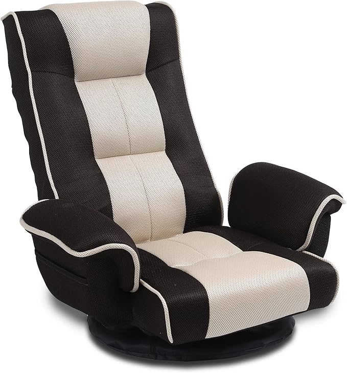 Linen Fabric Ergonomic Gaming Chair, 6-Position Reclining Sofa Bed with Lumbar Support, Foldable Floor Lounger with Thick Cushion, Armrests & Side Pockets for Esports, Reading, Napping (Brown + Beige)