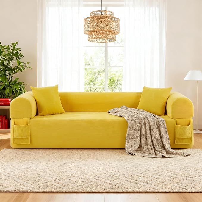 GJQ 3 Seater Boneless Couches for Living Room,Corduroy Couch with 2 Pillows & Storage,Memory Foam Couch in a Box,Compressed Floor Sofa with Armrests,No Assembly Required Cloud Sofa,Yellow