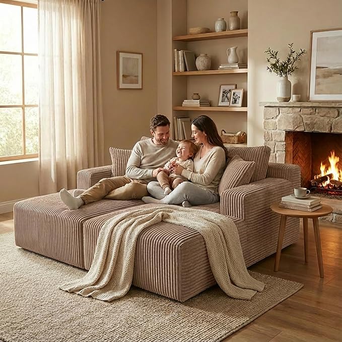 Sytopia Loveseat Chaise Lounge with Armrests, Oversized Sofa Bed with 4 Pillows, Cozy Boneless Sleeper, Modular Sectional Couch for Living Room Bedroom, Floor Chair Furniture sala Corduroy