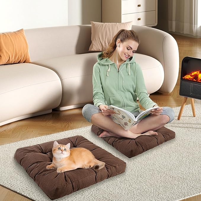LYLNBYWK Meditation Floor Cushions Set of 2, Thickened Floor Pillow for Adults, Large Square Pillows Seat Cushion for Tatami Living Room Yoga, Memory Sponge Block Added, 22x22 Inch, Brown