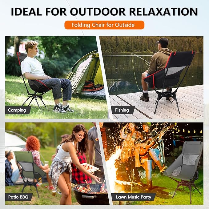 Swivel Camping Chair, High Back Folding Chair with Head Support, Side Cup Pocket, Stable Portable Outdoor Chair for Camp, Travel, Beach, Party, Fishing, Hiking, Backpacking, Grey