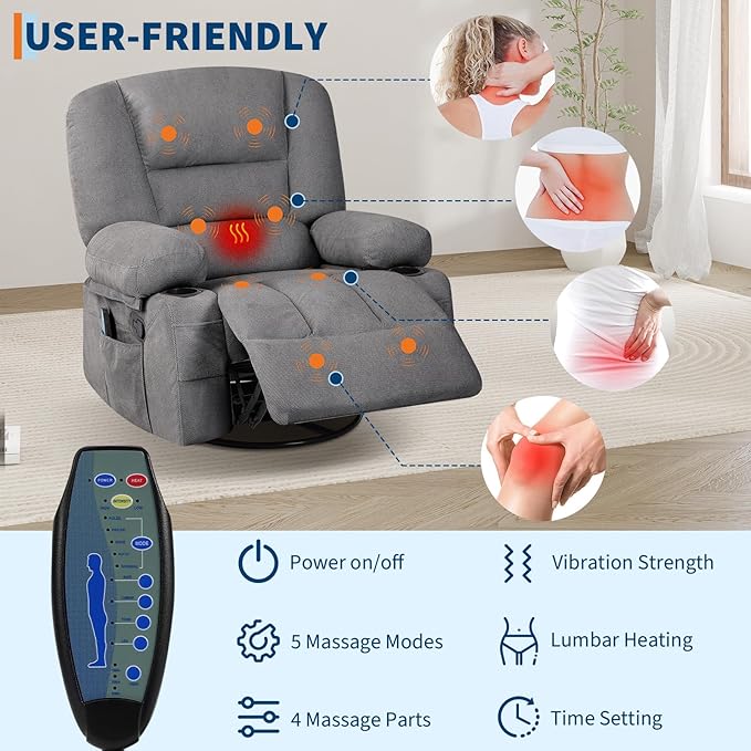 Rocker Recliner Chairs for Adults w/Vibration Massage and Heating,360° Swivel Rocker Glider Recliner,Extra Wide Manual Lazy Chair,Chenille Fabric Sofa Chair for Living Room,Bedroom Grey