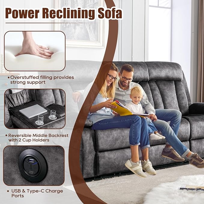 GUEAPY 3 Seater Power Reclining Sofa with Heat & Massage, Drop Down Table with Cup Holders, USB & Type-C Ports, Dutch Velvet Recliner Couch for Living Room, Home Theater & RV, Independent Controls