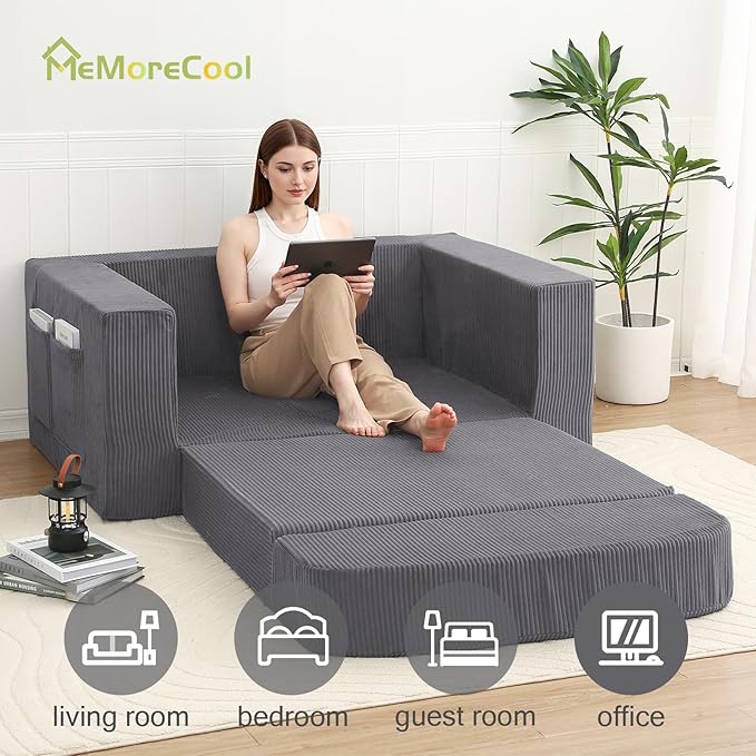 MeMoreCool Convertible Sofa Bed, Pull Out Loveseat Sleeper Sofa, Small Boneless Cloud Couch Bed for Adults, Fold Out Foam Love Seat, Corduroy Folding Floor Couch for Bedroom, Dark Grey