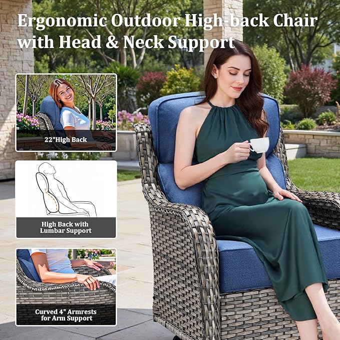 Luxury Patio Furniture Set with 42.5" Fire Pit Table, 8 Pieces High Back All Weather Wicker Outdoor Furniture w/ 6-Inch Thick Cushions, Patio Swivel Chairs Couch for Deck Balcony Backyard Grey/Blue