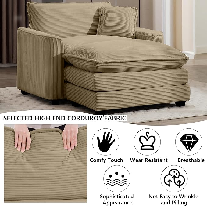 Aoowow Corduroy Large Armchair with Ottoman,Oversized Single Sofa Chair with Ottoman,Single Seat Cloud Sofas Couches for Living Room,Tufted Indoor Chaise Lounge Chair (Tan, Sofa Chair + Ottoman)