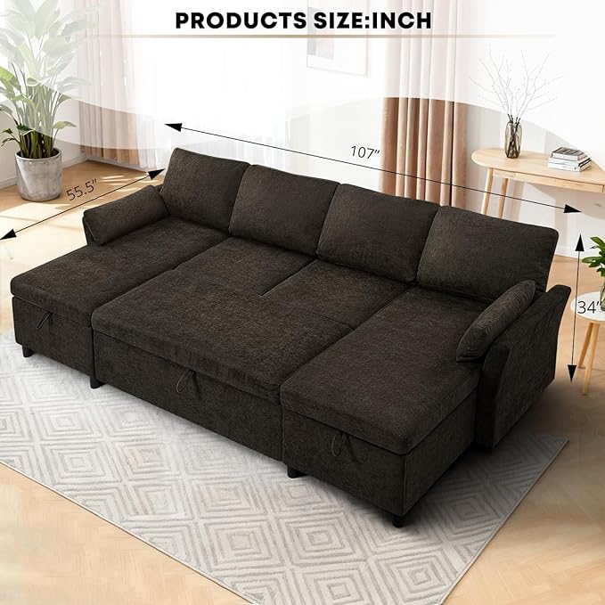 ACMEASE 107 Inches Fabric Sectional Sofa with Pull Out Sofa Bed, Modern U Shaped Sofa with Throw Pillows, Comfortable Sleeper Couch with Storage Chaise for Living Room, Brown