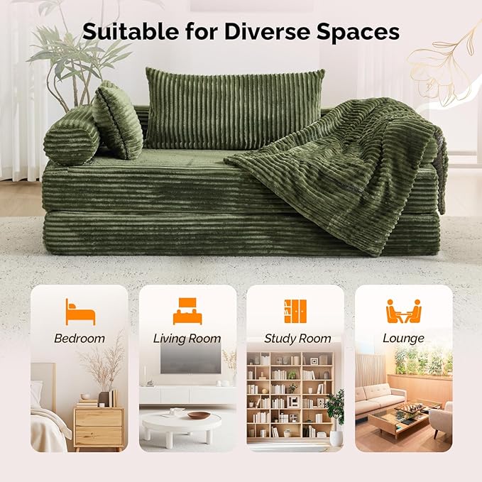 VINGLI Convertible Futon Sofa Bed, Upholstered Corduroy Boneless Couch King Size Floor Loveseat Sleeper Sofa with 2-in-1 Throw Pillow, Couches for Living Room, Bedroom, Lounge, Green