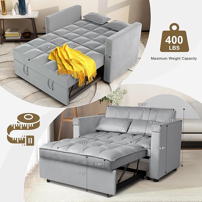 ORRD Convertible Sofa Bed,3-in-1 Multi-Functional Velvet Sleeper Couch Pull-Out 48'' Loveseat Bed Chaise Lounge with Adjustable Backrest and Pillows,Hidden Side Table for Living Room,Small Space Grey