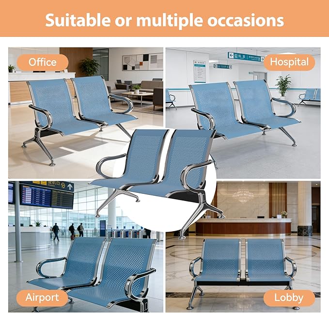 Kinfant 2-Seat Waiting Room Chair - Office Guest Reception Chairs with Ergonomic Backrests, Airport Waiting Bench with Armrests, Metal Waiting Furniture for Hospital, Bank, Salon (Blue, Set of 4)