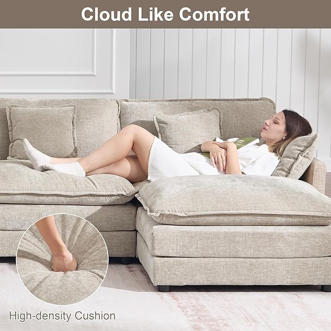KIVENJAJA Chenille L-Shaped Modular Sectional Sofa, Modern Loveseat Comfy Deep Seat Cloud Couch with Ottoman/Chaise & 4 Pillows for Living Room Office Apartment, 76.7" W, Light Camel