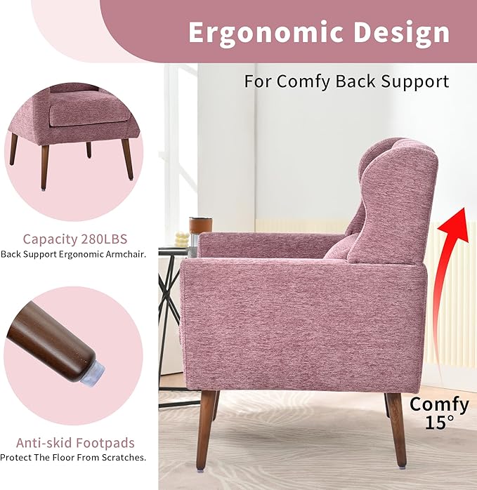 CHSICFOR Modern Accent Chair, Upholstered Arm Chair with Waist Pillow, Single Sofa Chair for Living Room Bedroom Small Spaces (Purple)