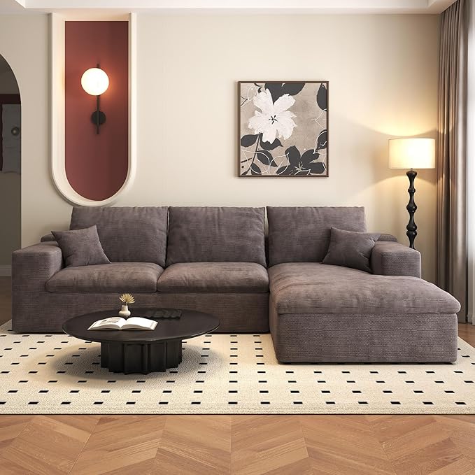 107'' L-Shaped Modern Modular Sectional Cloud Couch, 4-Seat Chenille Deep-Seat Sofa with Pillow for Living Room, Bedroom, Apartment, Camel