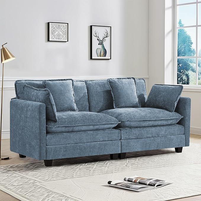 UMBFUN 2-Seater Cloud Couch, Oversized Comfy Modular Sectional Sofa with Deep Seat Cushions, Chenille Loveseat for Living Room, Apartment & Small Spaces, Blue