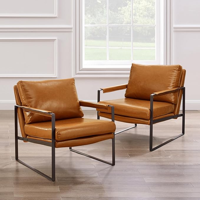 Zouron PU Leather Accent Chair for Bedroom, Living Room Chairs Contemporary Modern Upholstered Armchair with Metal Frame, for Living Room, Office, Reception Area, Set of 2, Brown PU