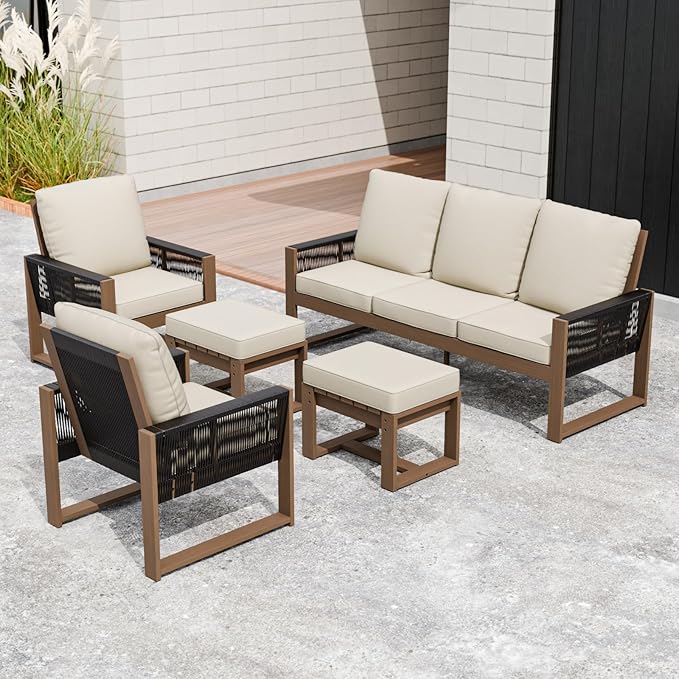 INTER HUT Rustic Hideaway Natural Cedar Wood Outdoor Furniture Set, Wicker Patio Conversation Set for Porch Garden Backyard, Couch, 2 Patio Chairs and 2 Ottomans, 5 Piece, Brownish/Beige