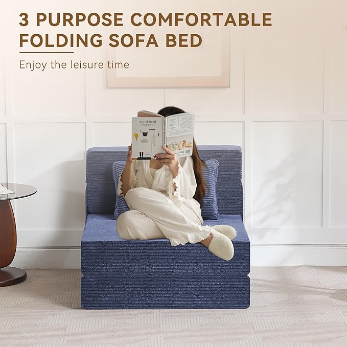 Folding Sofa Bed Convertible Floor Couch Foldable Chair Bed with Pillow，Linen Sleeper Chair Futon,Foldable Memory Foam Mattress for Bedroom/Living Room/Dorm/Office (Corduroy Navy, Single)