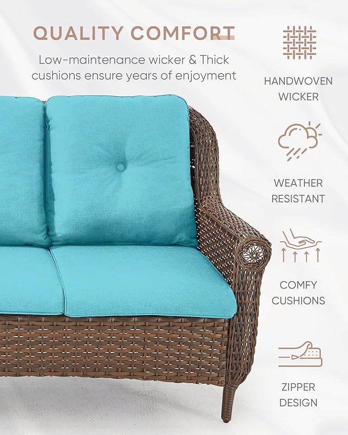 Patio Sofa Outdoor Wicker Couch - Heavy Duty All-Weather Brown Rattan 3-Seater with High Back and Comfortable Thick Cushions for Garden Back Porch Poolside Apartment - Turquoise
