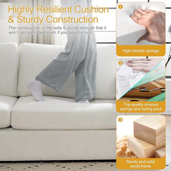 ELUCHANG Oversized Sofa Bed, Upholstered Chaise Lounge Comfy Sleeper Sofa with Soild Wood Frame, Deep Seat Sofa Couch for Living Room Bedroom Apartment, Linen, White