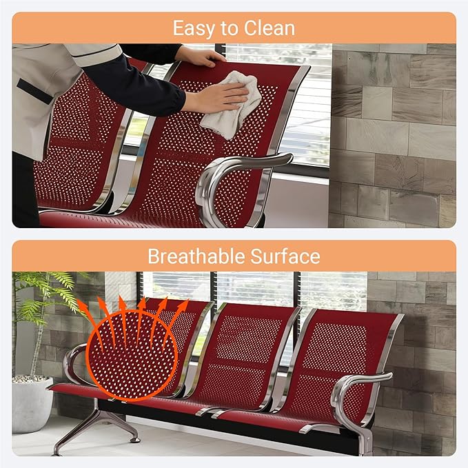 Kinfant 3-Seat Waiting Room Chair - Office Guest Reception Chairs with Ergonomic Backrests, Airport Waiting Bench with Armrests, Metal Waiting Furniture for Hospital, Bank (Dark Red, Set of 3)