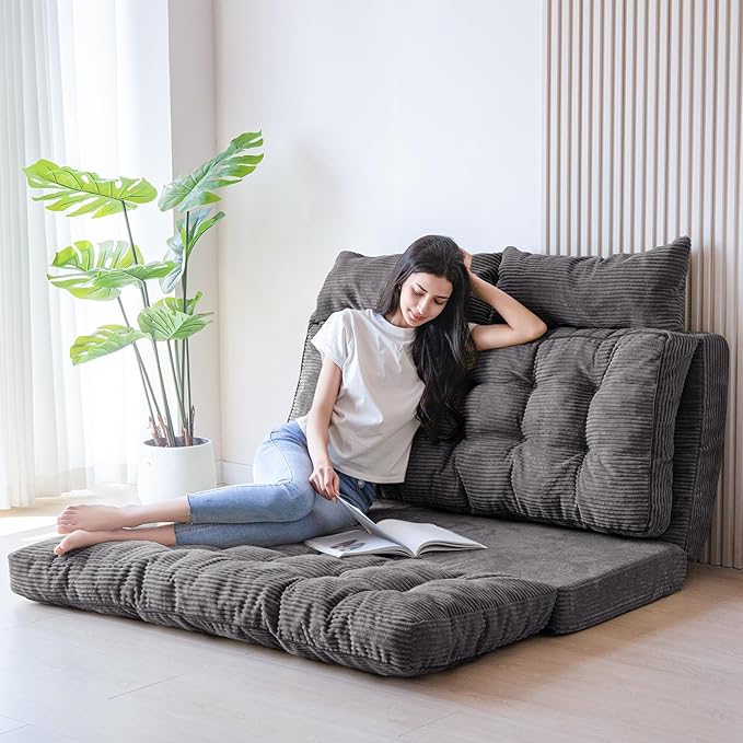 MAXYOYO Bean Bag Bed Tufted Folding Sofa With Pillows, Extra Thick and Long Floor Mattress for Adults, Twin Couch Bed for Bedroom Living Room, Dark Grey, 39x91 Inch