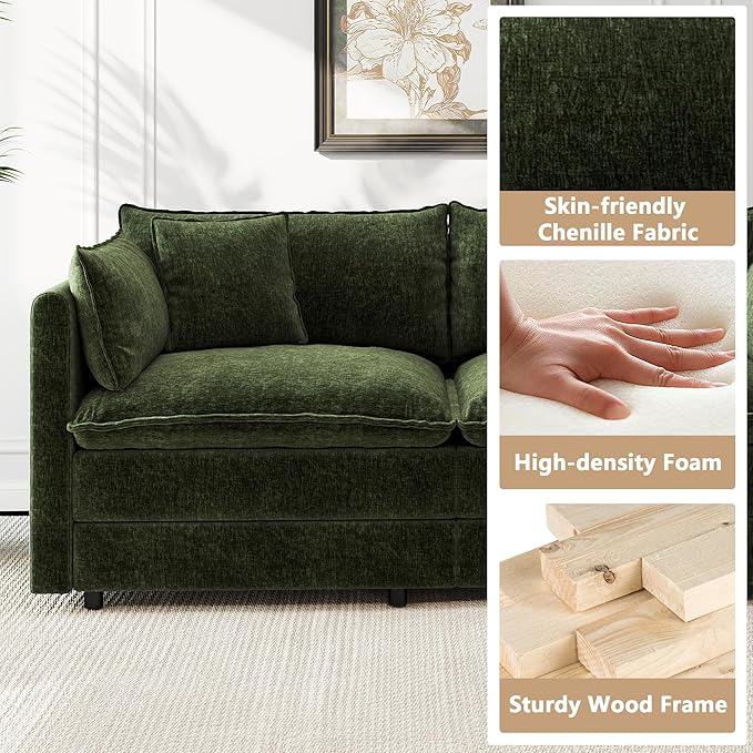 Aoowow Modular Sectional Sofa Modern Convertible Loveseat Couch,77.16 Inch Deep 2-Seater Sofas Comfy Chenille Cloud Sofas and Couches Set with 2 Movable Ottoman for Living Room Apartment（Green）
