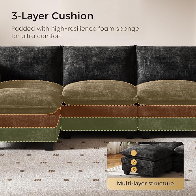 KKL 91.3" Large Modular Sectional Sofa Bed, 6 Seater Convertible J/L-Shaped Sleeper Cloud Couch with Ottoman, Chenille Sectional Couches for Living Room, Apartment, Black