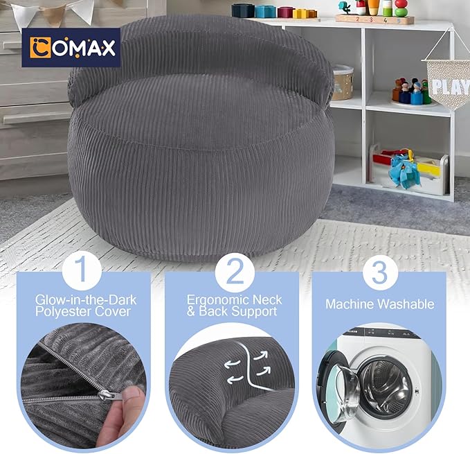 COMAX Bean Bag Chair for Kids, Convertible Toddler Beanbag Bed Corduroy, Children Bean Chair Stuffed to Floor Mattress with Filler, Grey