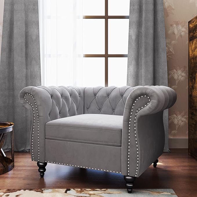 QHITTY Accent Chair, Chesterfield Chair Modern Velvet Upholstered Chairs with Tufted Back for Living Room Furniture (Grey)