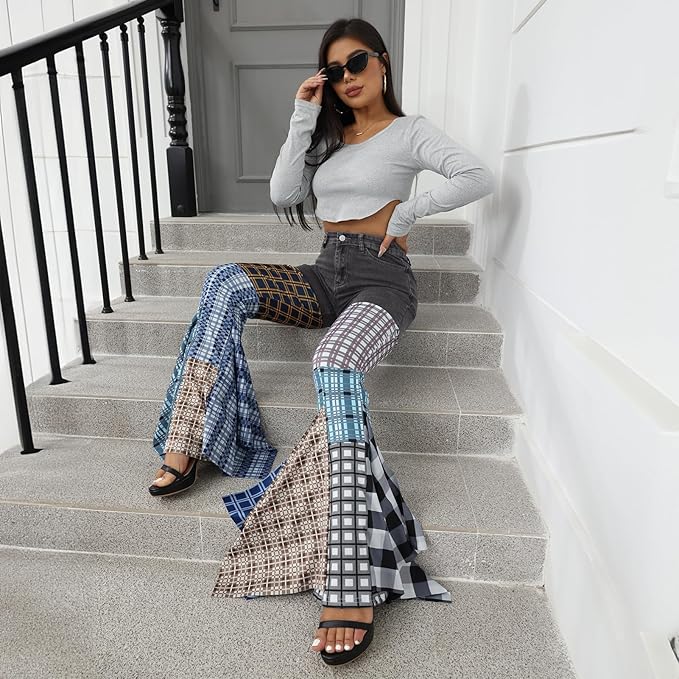 ThusFar Women High Waist Patchwork Flare Jeans Plaid Bell Bottom Ruffle Hem Denim Long Pants Trousers