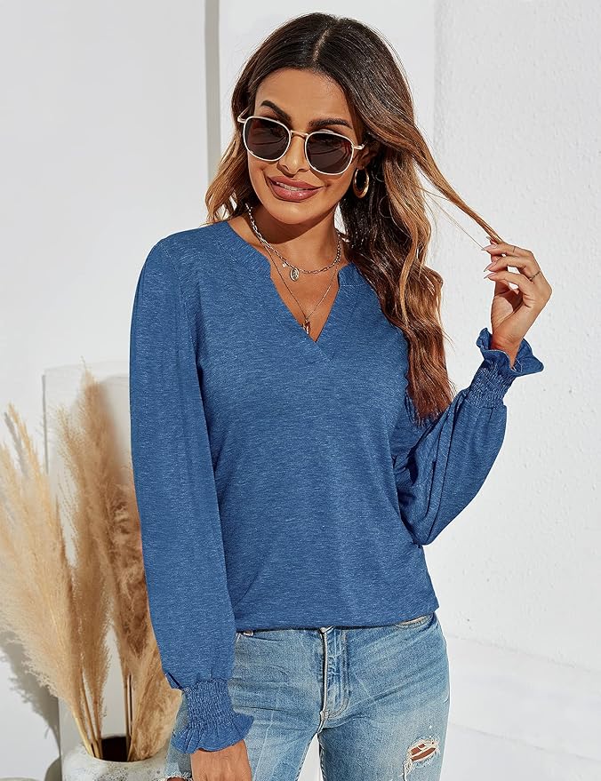 Romanstii Women's Casual V-Neck T-Shirts Loose Puff Long Sleeve Tops Tunic Blouses