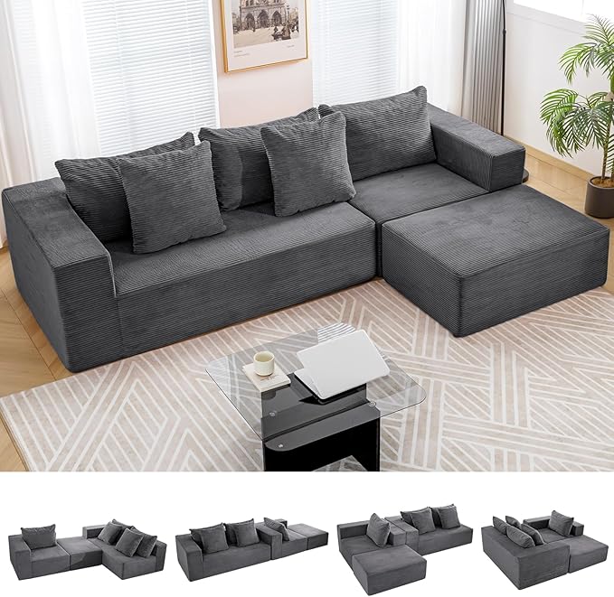INGEROOM 108" Modular Cloud Sectional Couch with Deep Seat, Boneless Sofa with Movable Ottoman, Plush Corduroy Memory Foam Couch for Living Room, No Assembly, Dark Gray