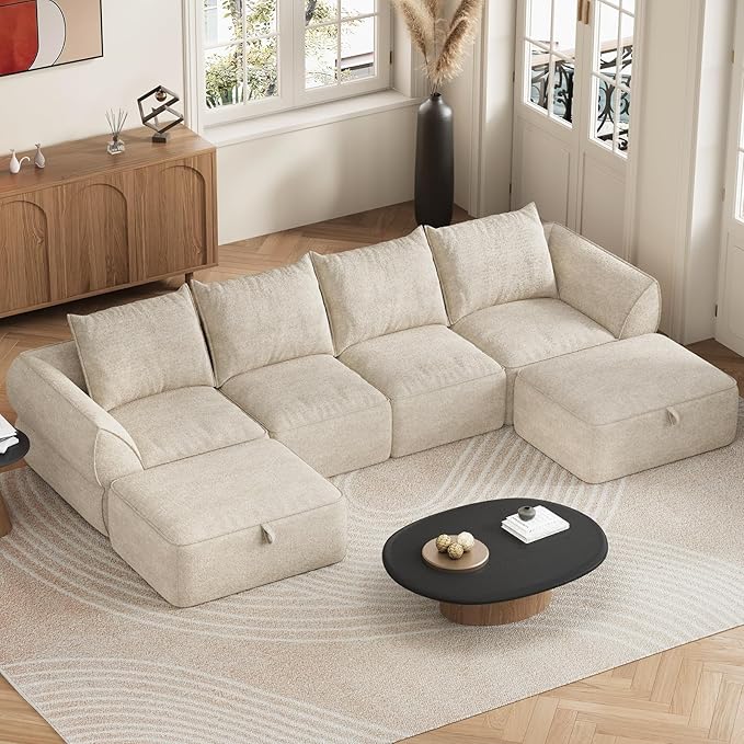 132" Modular Sectional Sofa with Deep Seat, U-Shaped Cloud Couch for Living Room, 4-Seater Boneless Sofa with 2 Ottomans, Flexible Combination Modern Upholstery Sofa, No Assembly Required, Apricot