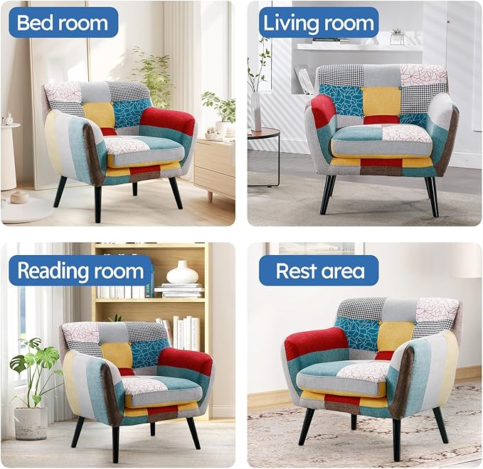 Bonzy Home Modern Accent Chair Set of 2 for Living Room, Colorful Boho Linen Fabric Upholstered Armchair with Wood Legs, 2 Single Chairs