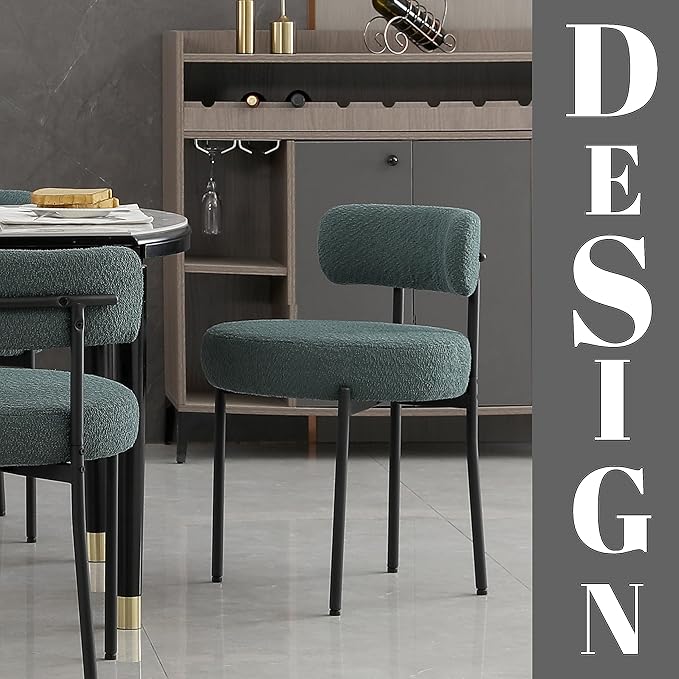 DYHOME Green Dining Chairs Set of 6, Mid-Century Modern Dining Chairs, Kitchen Dining Room Chairs, Curved Backrest Round Upholstered Boucle Sherpa Dining Chair with Black Metal Legs