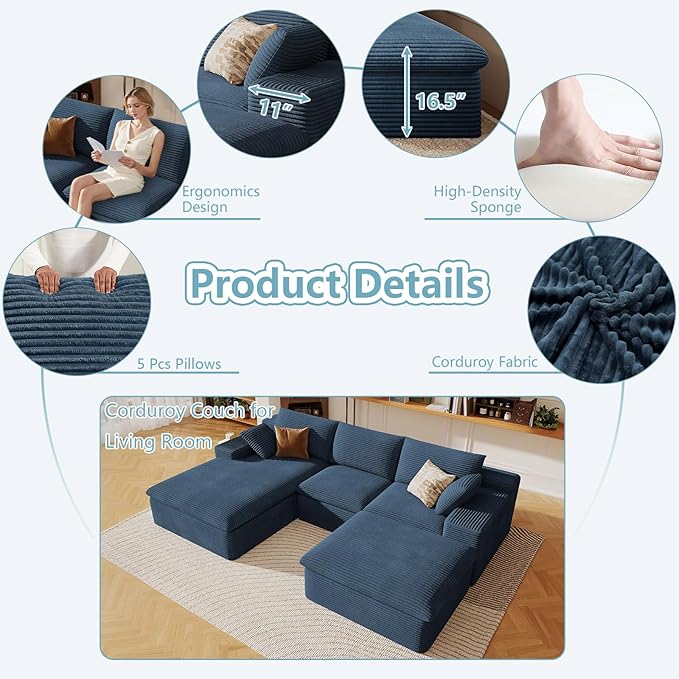 107" Cloud Sectional Couch with U-Shaped Chaise,Corduroy Viral Boneless Sofa with Ottoman,Memory Foam Couches in a Box with Deep Seat for Living Room,No Assembly Required (Blue,Left-Facing Chaise)