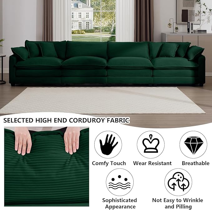 Aoowow Corduroy 4 Seater Sofa Couch,Modern Large Cloud Couches for Living Room,Tufted Modular Sectional Cloud Sofas with Deep Seat,Oversized 4 Seat Sofa Set (Green, 4 Seater)