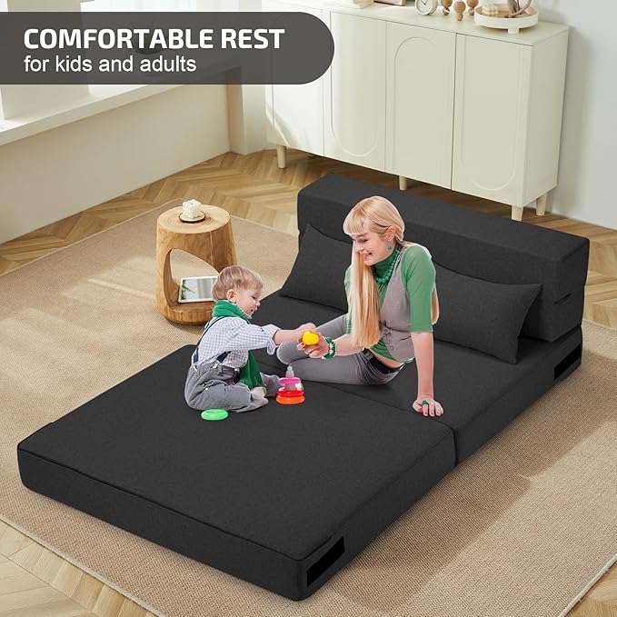 Folding Sofa Bed with Pillows- Convertible Chair Floor Couch & Sleeping Mattress, Foldable Memory Foam Sleeper for Living Room/Dorm/Guest Room/Home Office/Apartment/Loft, Twin, Dark Gray