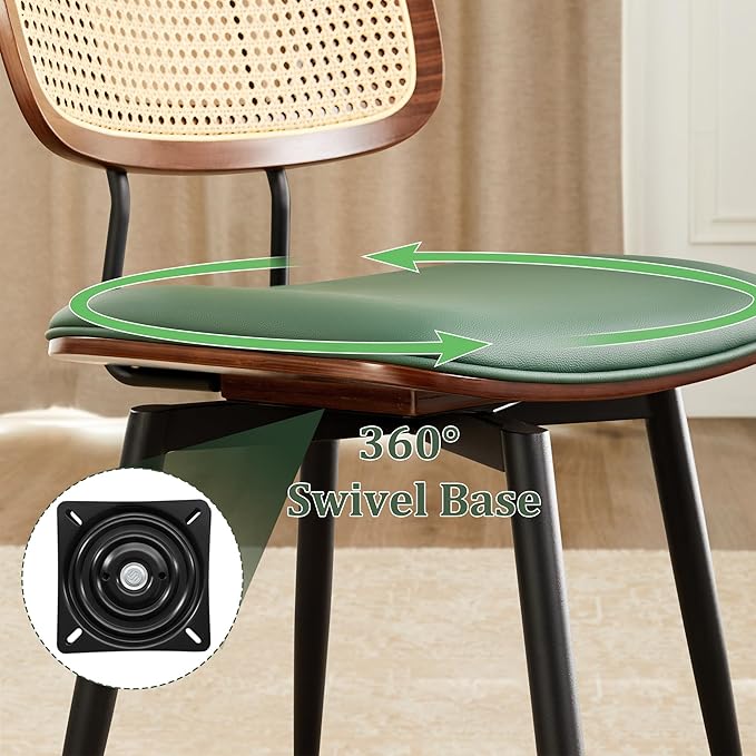 Quenvo Swivel Dining Chairs with Rattan Back, Modern Green Leather Dining Chairs Set of 2, Swivel Dining Room Chairs Kitchen Side Chairs with Metal Legs and Upholstered Seat for Kitchen & Restaurant