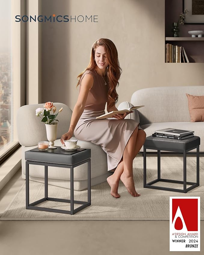 SONGMICS Home LUIZ Collection - Ottoman Footstool, Rectangle Ottoman, Vanity Chair Stool, Footrest, Reversible Top, Side Table, Max. Load 660 lb, Bedroom Living Room Entryway, Dove Gray ULOM079G01