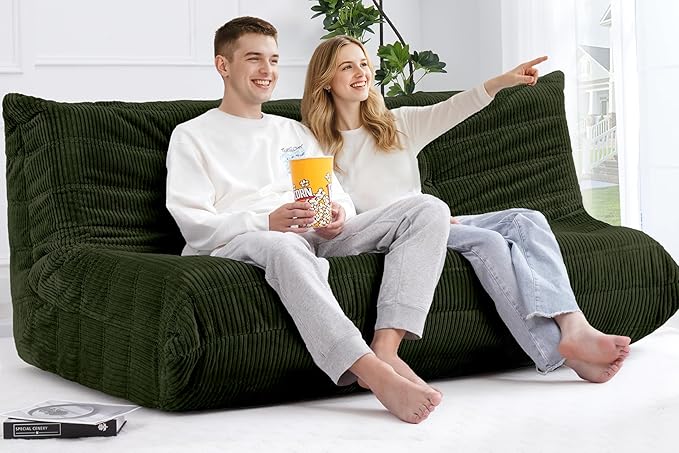 Bean Bag Chair,Giant Beanbag Chairs for Adults,Comfy Large Fireside Chair Lazy Sofa,Corduroy Bean Bag Lounger with Memory Foam Filled,Floor Sofa Couch for Home,Living Room (Green, 3-Seater)